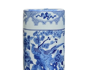 Chinese Blue and White Bird Motif Porcelain Umbrella Stand 18"