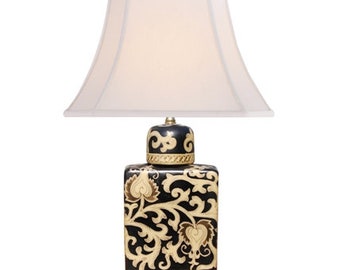 Beautiful Porcelain Black and Gold Tapestry Tea Caddy Table Lamp 18"