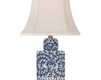 Blue and White Porcelain Chinoiserie Tea Caddy Lamp 18"