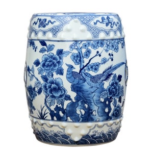 Chinese Blue and White Porcelain Bird Motif Round Garden Stool 18"