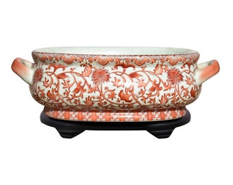 Orange and White Floral Motif Foot Bath Basin 16.5" Length Base Included