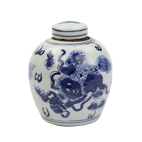Blue & White Porcelain Temple Jar - Mythical Creatures Blue & White Porcelain Temple Jar - Mythical Creatures