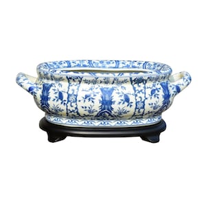 Blue and White Porcelain Chinoiserie Foot Bath Basin 16.5&quot; Length Base Included