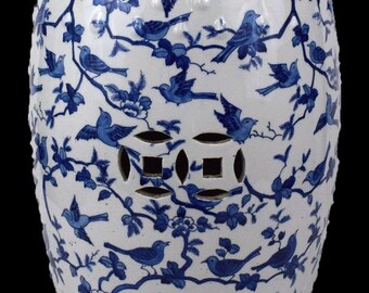Chinese Blue and White Porcelain Floral Bird Motif Round Garden Stool 18"