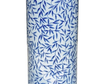 Chinese Blue and White Bamboo Leaf Porcelain Umbrella Stand 18"