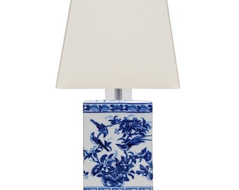 Cute Square Blue and White Floral Bird Motif Table Lamp 14"