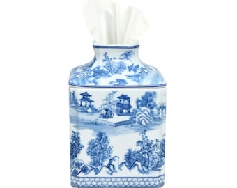 Blue and White Blue Willow Square Porcelain Tissue Box 8"