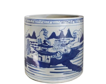 Blue and White Blue Willow Landscape Porcelain Orchid Pot 8"