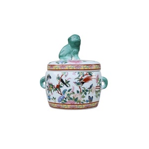 Rose Canton Floral Bird Motif Round Porcelain Foo Dog Jar 7"