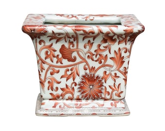 Square Porcelain Pot Orange and White Twisted Lotus Motif 6"