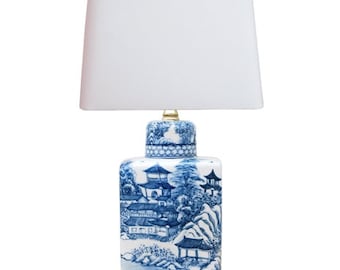 Blue and White Blue Willow Porcelain Chinoiserie Tea Caddy Lamp 18"