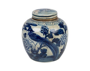 Blue and White Bird and Floral Porcelain Ginger Jar 6"