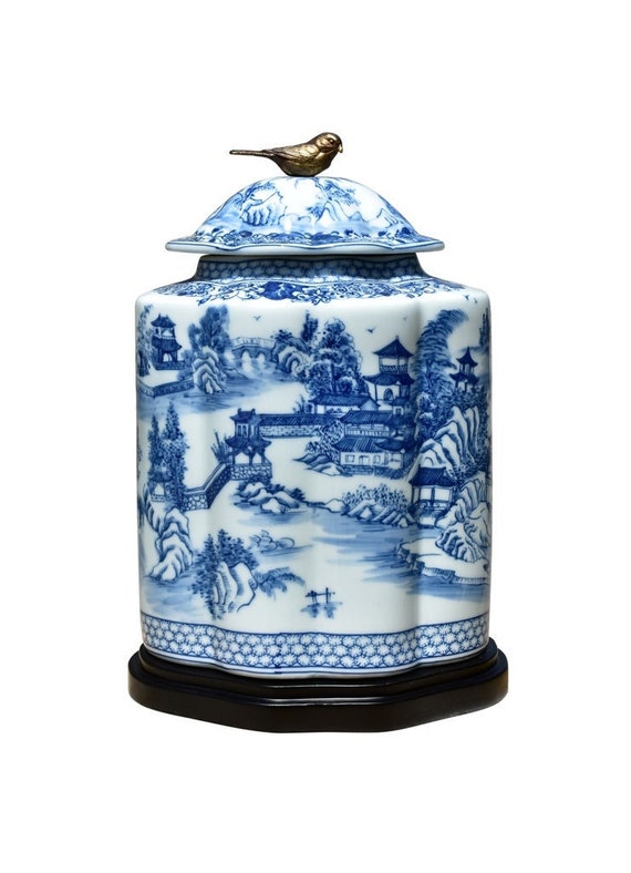 Hexagonal Blue & White Porcelain Tea Caddy - Birds & Trees Hexagonal Blue & White Porcelain Tea Caddy - Birds & Trees
