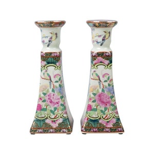 Pair of Rose Medallion Porcelain Candlestick Holder 9&quot;