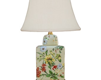 Multicolor Floral Porcelain Chinoiserie Tea Caddy Lamp 18"