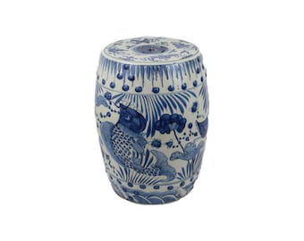 Chinese Blue and White Porcelain Fish Motif Round Garden Stool 18"