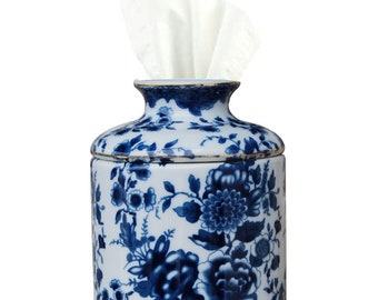 Blue and White Floral Porcelain Tissue Roll Holder 7"