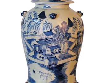 Blue and White Porcelain Landscape Motif Temple Jar with Black Stand 19"