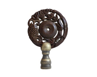Beautiful Vintage Style Hand Carved Brown Jade Fish and Bat Lamp Finial 3"