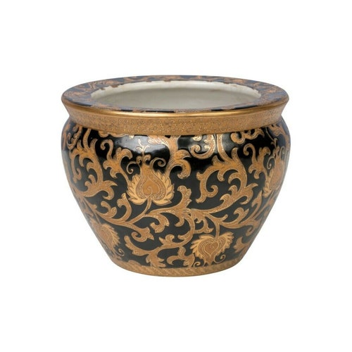 Chinese Black and Gold Tapestry Scalloped Porcelain Jar 13" 