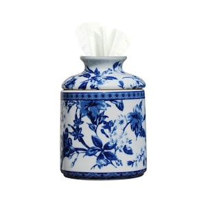 Blue and White Floral Porcelain Tissue Roll Holder 7&quot;