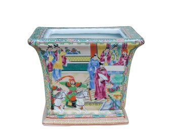 Square Porcelain Pot Chinese Rose Canton Motif 6"