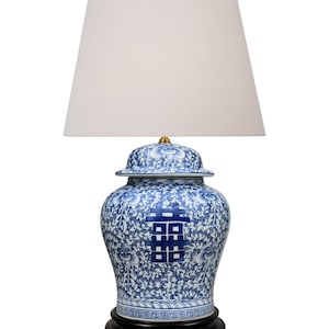 Blue and White Double Happiness Motif Porcelain Temple Jar Table Lamp 28&quot;
