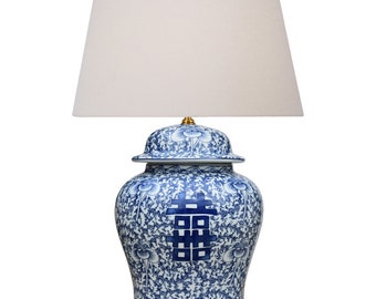 Blue and White Double Happiness Motif Porcelain Temple Jar Table Lamp 28"