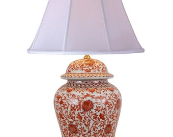 Orange and White Twisted Lotus Porcelain Temple Jar Table Lamp 28"