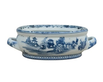 Beautiful Chinese Blue and White Blue Willow Landscape Porcelain Basin 12" Long