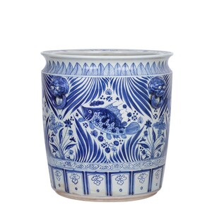 Large Fish Motif Porcelain Fish Motif Planter Lion Handles 17" Diameter