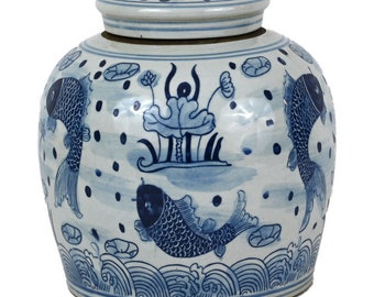 Blue and White Porcelain Fish Motif Ginger Jar 9"