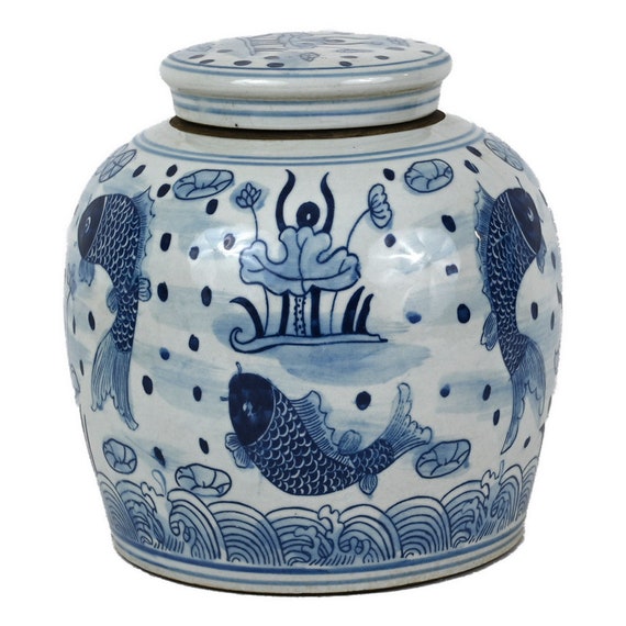 Blue & White Porcelain Ginger Jar - Fish Design Blue & White Porcelain Ginger Jar - Fish Design