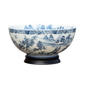 Chinese Blue and White Blue Willow Porcelain Bowl w Base 14" Diameter