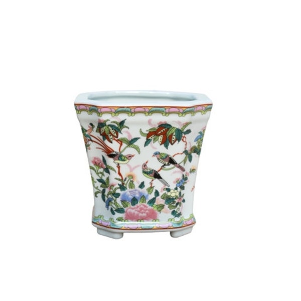 Oriental Famille Rose Bird Motif Porcelain Squared Cache Pot 5.75"