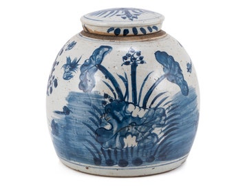 Blue and White Porcelain Floral Motif Ginger Jar 10"