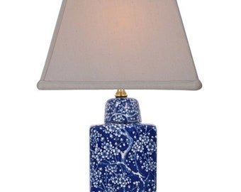 Blue and White Cherry Blossom Porcelain Chinoiserie Tea Caddy Lamp 18"