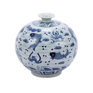 May include: A round, white ceramic vase with a blue and white design of fish and floral motifs. The vase has a wide mouth and a narrow neck.
