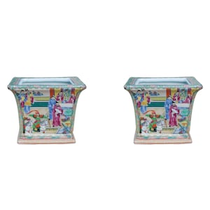 Pair of Square Porcelain Pot Chinese Rose Canton Motif 6&quot;