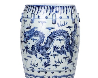 Chinese Blue and White Porcelain Animal Motif Round Garden Stool 17"