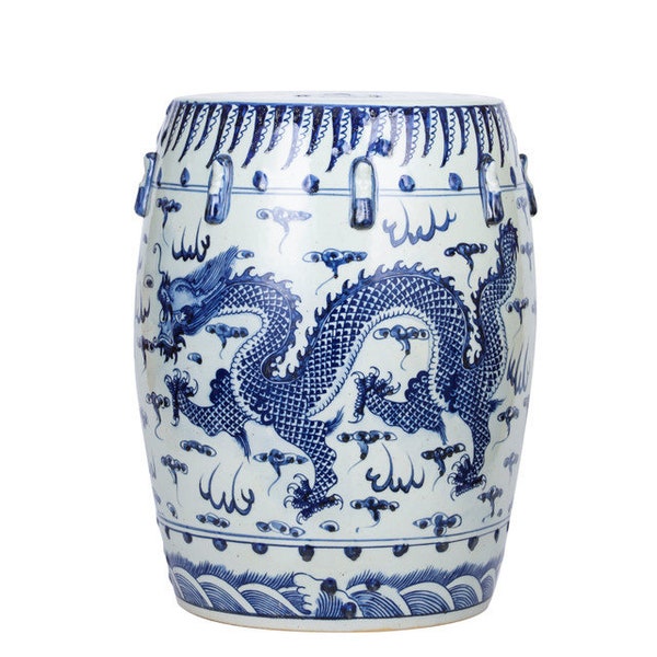 Chinese Blue and White Porcelain Animal Motif Round Garden Stool 17"