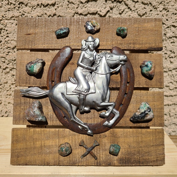 Turquoise Rider - Southwest Wall/Table Decor Rustic Ranch Cowgirl / Cowboy Horse Shoe Copper Rocks - Mojo Earthworks Reclaimed Desert Art