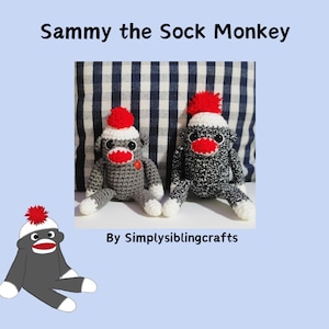 May include: Two crocheted sock monkey toys with red and white hats. The monkeys are sitting on a checkered fabric. The text "By Simplysiblingcrafts" is below the monkeys.