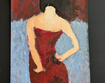 Original Acrylic Painting, Minimalist Woman Silhouette, Red Dress Art, Modern Figurative Wall Decor (11x15)