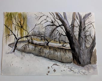 Original Watercolor Winter Landscape Painting, Serene River Reflections, 18x12 Inches