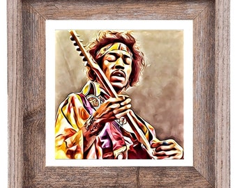 May include: A framed art print featuring a colorful illustration of a musician playing a guitar. The artwork depicts a person with curly hair and a headband, wearing a patterned jacket. The frame is made of weathered wood.