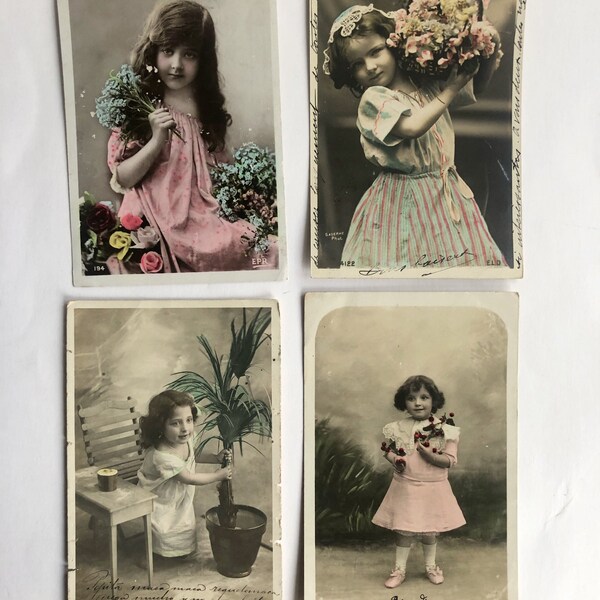 French postcards vintage antique authentic stamped girls with flowers