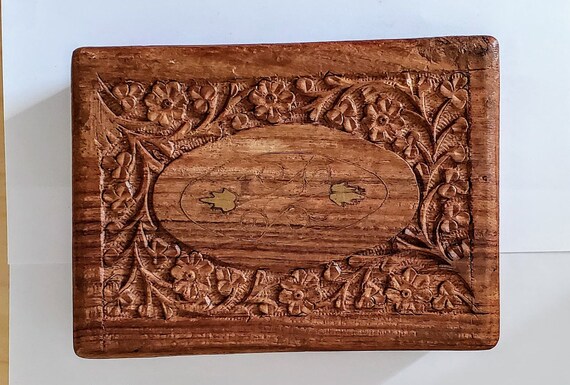 Vintage Wooden Hinged Box with Intricately Carved… - image 1