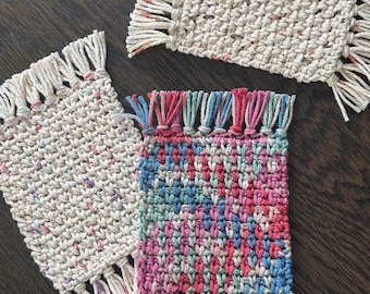 Handmade Crochet Mug Rug, Cotton Boho Fringe Coaster, Coffee & Tea Mug Mat, Farmhouse Home Decor Gift