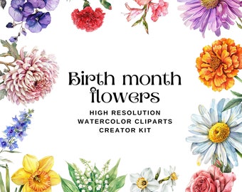 Birth Month Flowers Watercolor Clipart, Floral PNG Bundle (DIY)
